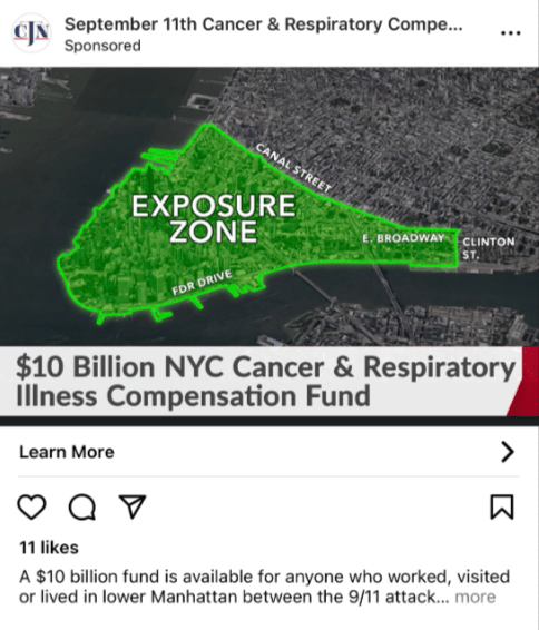 A social media ad that shows the exposure zone on 9/11 below Canal Street in Manhattan